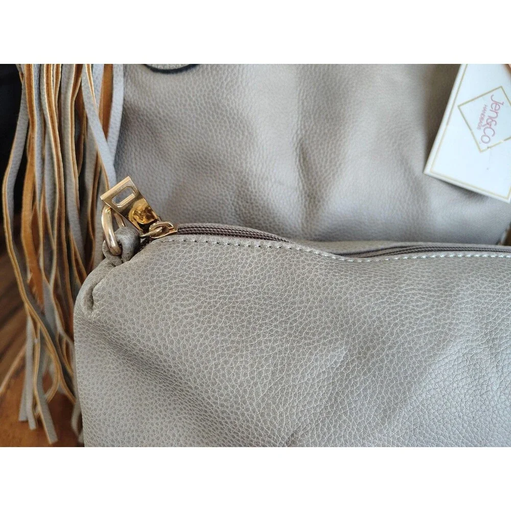Jen Co Tote Large Gray Bag In A Bag Tassel Pouch Purse Vegan Faux Leather Beige - Picture 10 of 16